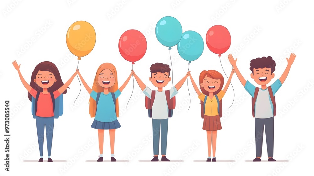 Group of teachers celebrating World Teachers Day with balloons and a banner in a fun, cartoon animation vector style. Group of teachers celebrating World Teachers Day with balloons and a banner in a fun, cartoon animation vector style.