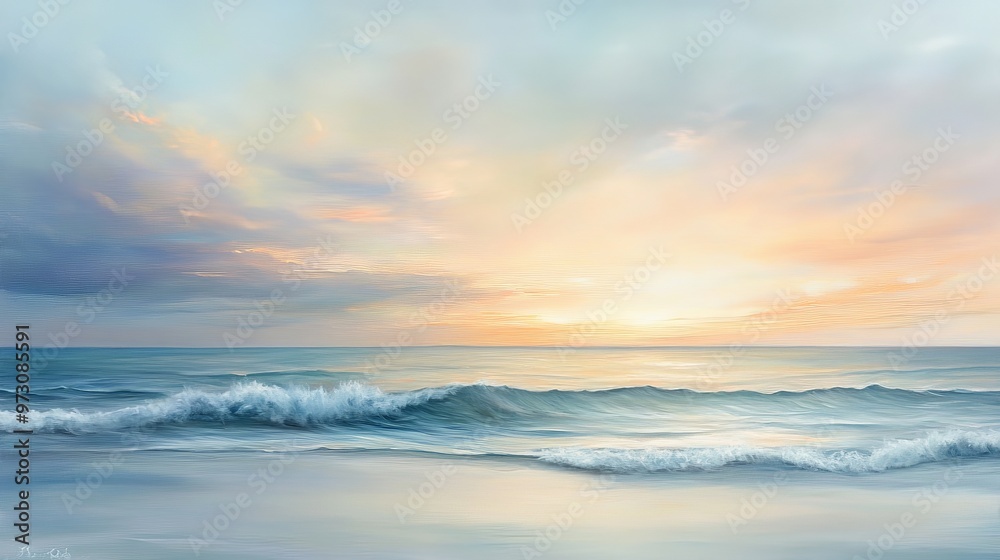 Capture a peaceful ocean scene with a soft, pastel sky at sunrise, the gentle waves reflecting the calm colors Capture a peaceful ocean scene with a soft, pastel sky at sunrise, the gentle waves reflecting the calm colors