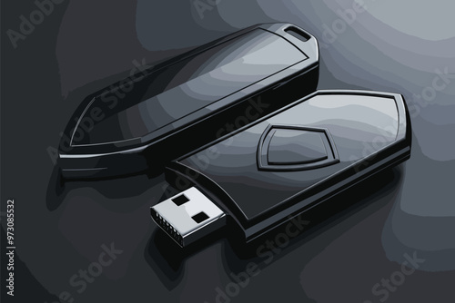 USB flash drive with security shield, data storage protection icon, black silhouette on white background