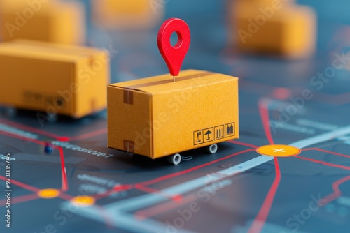 A small cardboard parcel with a red location pin placed on a map, symbolizing delivery tracking, logistics, and shipment routes in a digital environment.