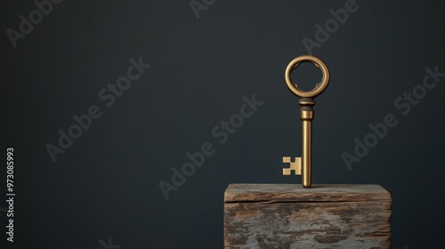 Photograph of a polished brass key on a wooden block against an isolated charcoal gray background.