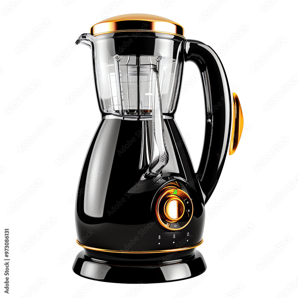 Sleek black kitchen blender with transparent container and gold accents, perfect for smoothies and drinks., transparent background Sleek black kitchen blender with transparent container and gold accents, perfect for smoothies and drinks., transparent background
