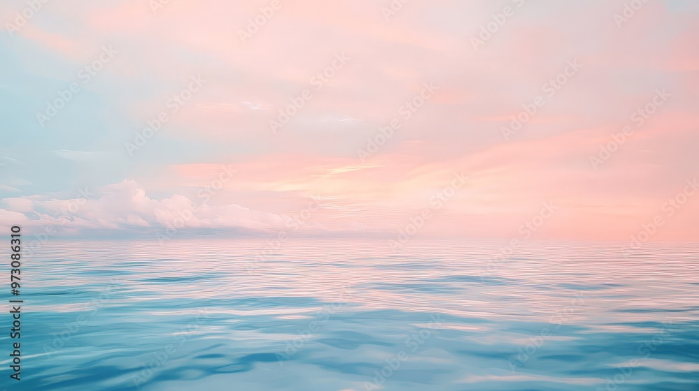 Capture a serene ocean landscape under a soft, pastel sky at twilight, where the calm water mirrors the delicate colors of the evening sky