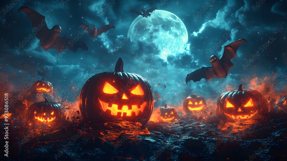 Spooky scene with glowing jack o lanterns and flying ghosts, set against a moonlit sky with eerie shadows. Spooky scene with glowing jack o lanterns and flying ghosts, set against a moonlit sky with eerie shadows.