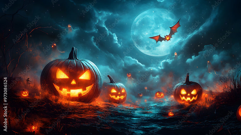 Spooky scene with glowing jack o lanterns and flying ghosts, set against a moonlit sky with eerie shadows. Spooky scene with glowing jack o lanterns and flying ghosts, set against a moonlit sky with eerie shadows.