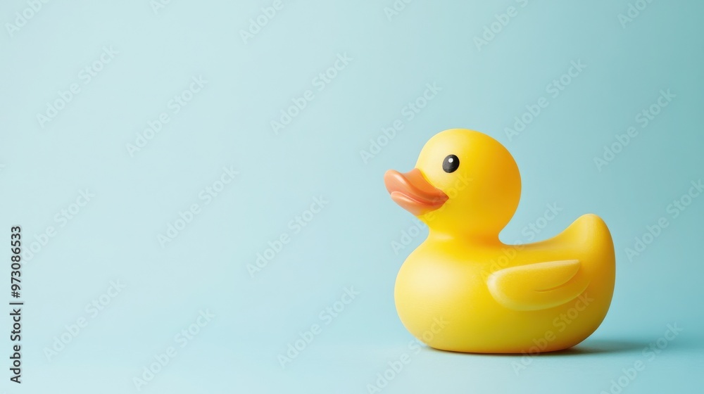 Photograph of a yellow rubber duck against an isolated light blue background. Photograph of a yellow rubber duck against an isolated light blue background.