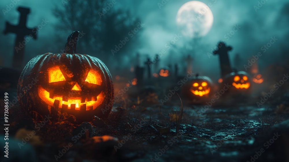 Group of glowing jack o lanterns with scary faces, sitting in a dark, foggy graveyard under a full moon. Group of glowing jack o lanterns with scary faces, sitting in a dark, foggy graveyard under a full moon.