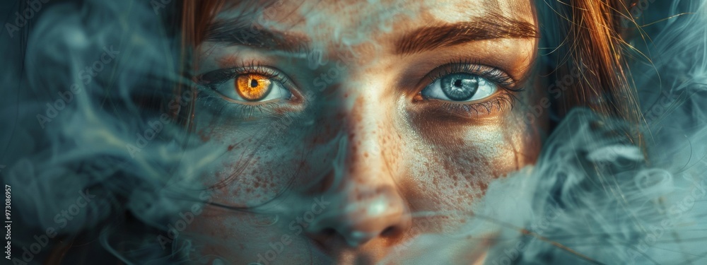 Close-up of eyes with different colors surrounded by smoke Close-up of eyes with different colors surrounded by smoke