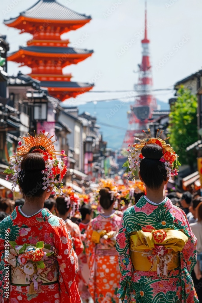 Gion Matsuri festival in Kyoto, Japan, with towering floats parading through the streets, traditional music playing, and locals dressed in summer kimonos Gion Matsuri festival in Kyoto, Japan, with towering floats parading through the streets, traditional music playing, and locals dressed in summer kimonos