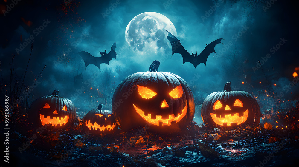 Jack o lanterns with scary faces glowing in the dark, surrounded by flying bats and a full moon. Jack o lanterns with scary faces glowing in the dark, surrounded by flying bats and a full moon.