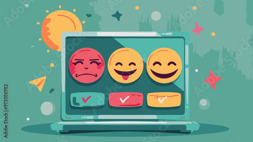 Web page template for rating experiences with various emotions and checkmark options for online surveys.