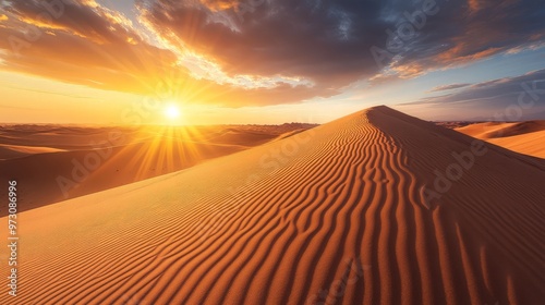 Capture the harsh, midday sun in the desert, where its relentless brightness highlights the rugged textures of the dunes and the stark, arid environment photo