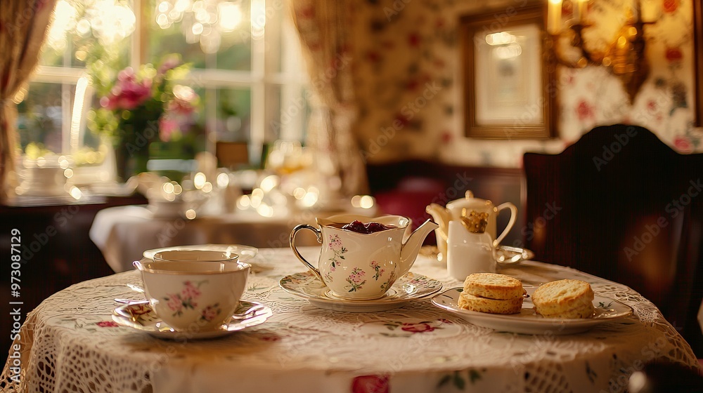 Cozy vintage English tea room with elegant china and pastries on a lace ...