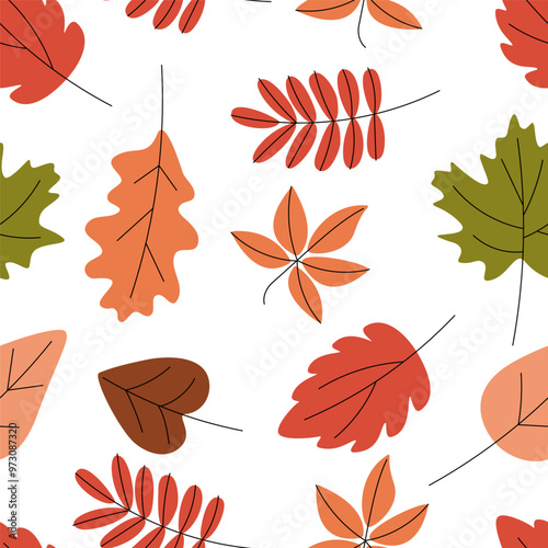 Natural seamless pattern with autumn fallen leaves of forest trees on white background.