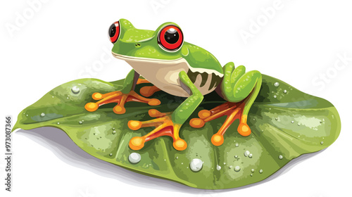 Cartoon Frog on a Leaf in the Pond isolated on white background