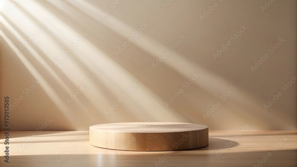Minimalistic wooden podium with neutral backdrop in studio lighting, perfect for showcasing cosmetic products Minimalistic wooden podium with neutral backdrop in studio lighting, perfect for showcasing cosmetic products
