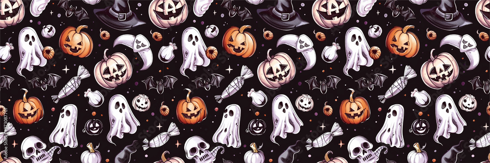 Halloween Seamless Pattern with Ghosts, Skulls, Pumpkins, and Witch Hats Halloween Seamless Pattern with Ghosts, Skulls, Pumpkins, and Witch Hats