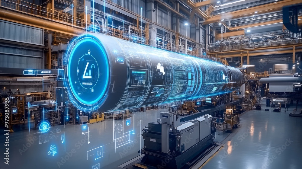 Digital twin of an industrial air with digital overlay showing data and collaboration icons, highlighting the integration between blue rocket on one side Digital twin of an industrial air with digital overlay showing data and collaboration icons, highlighting the integration between blue rocket on one side