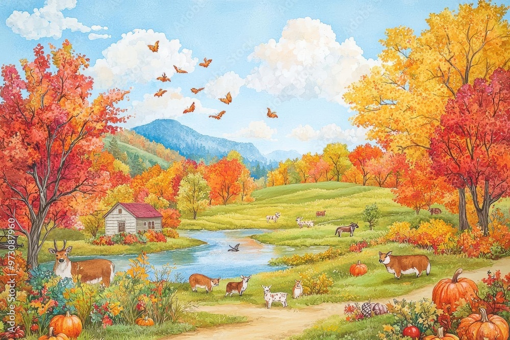 Thanksgiving wildlife scene featuring vibrant fall colors The natural landscape and animals create a peaceful outdoor setting Thanksgiving wildlife scene featuring vibrant fall colors The natural landscape and animals create a peaceful outdoor setting