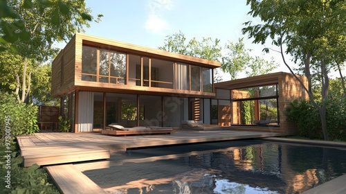 Construct a 3D architectural visualization of a modern, eco-friendly home, highlighting sustainable materials,