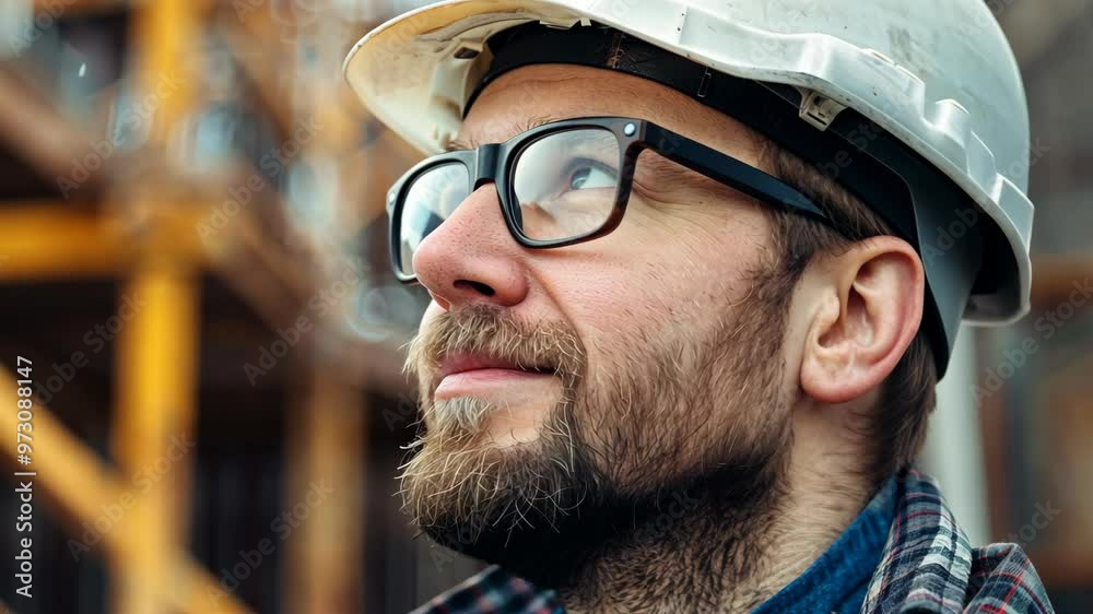 Construction worker on site wearing protective gear and glasses, looking confidently at ongoing project at dawn Construction worker on site wearing protective gear and glasses, looking confidently at ongoing project at dawn