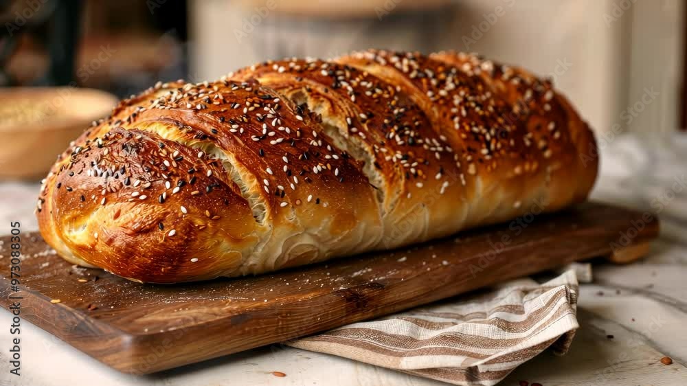 Baking crunchy bread with sesame seeds at home in a cozy kitchen setting Baking crunchy bread with sesame seeds at home in a cozy kitchen setting
