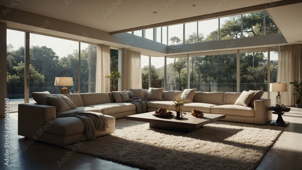 Spacious living room with beige sectional and serene outdoor view