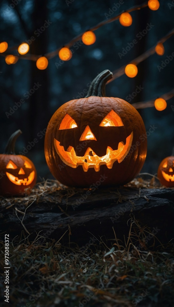 Spooky Halloween scene with carved pumpkin and orange fairy lights Spooky Halloween scene with carved pumpkin and orange fairy lights