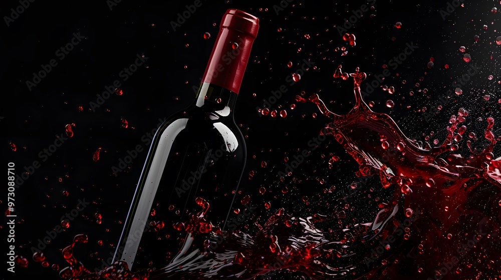 Fototapeta premium Wine Bottle with Red Wine Splash: A wine bottle with a splash of red wine flowing around it. 