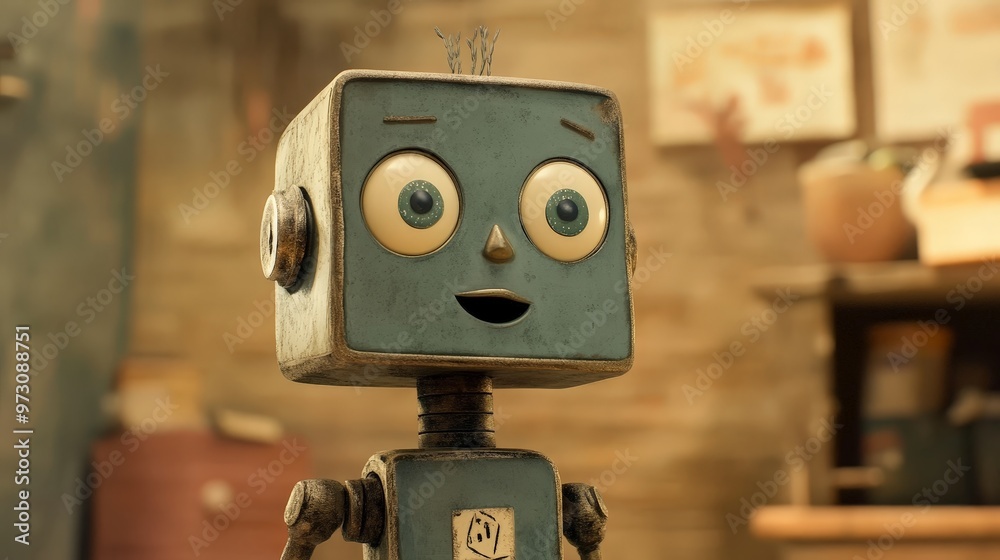 Create an animation of a day in the life of a robot, showing its interactions with the world, its mechanical quirks, Create an animation of a day in the life of a robot, showing its interactions with the world, its mechanical quirks,