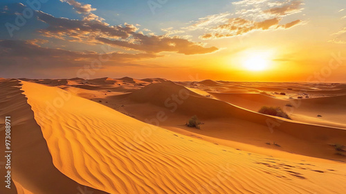 Golden desert with dunes stretching far into horizon, illuminated by stunning sunset. warm colors create serene and tranquil atmosphere, perfect for nature lovers photo