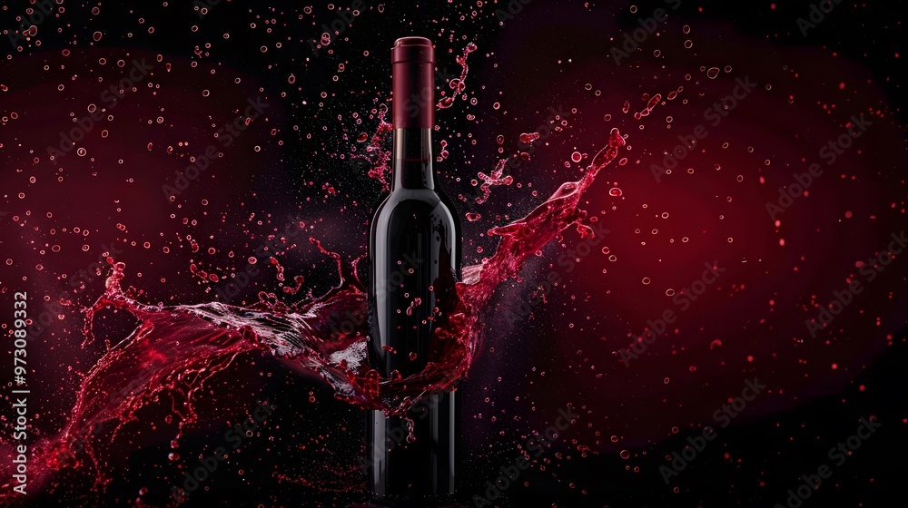 Fototapeta premium Wine Bottle with Red Wine Splash: A wine bottle with a splash of red wine flowing around it. 