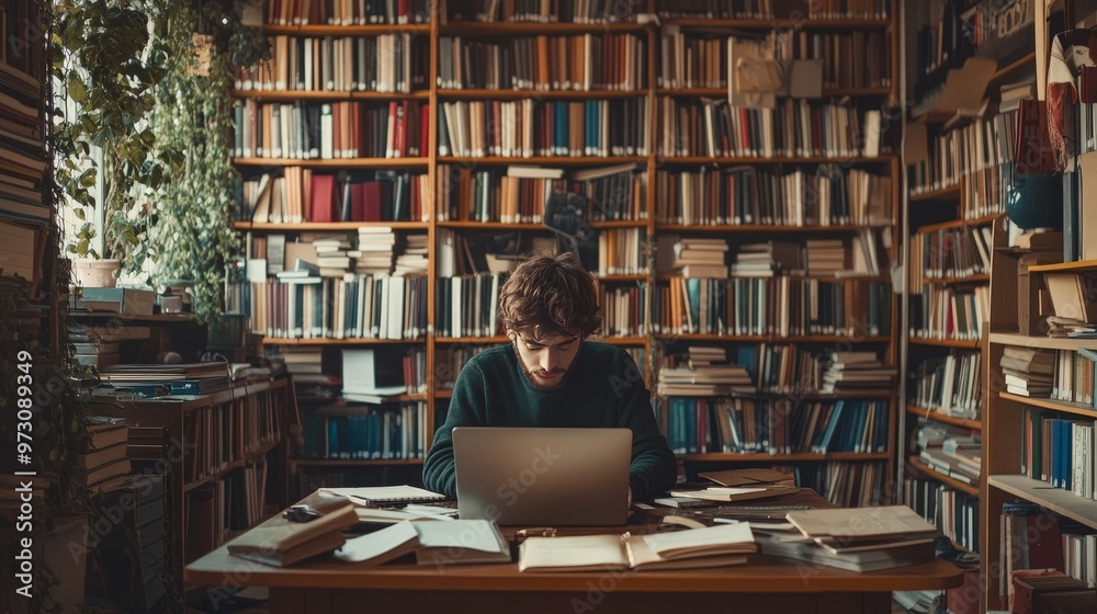 Create an image of a digital nomad working in a quiet library, surrounded by books and academic materials, Create an image of a digital nomad working in a quiet library, surrounded by books and academic materials,