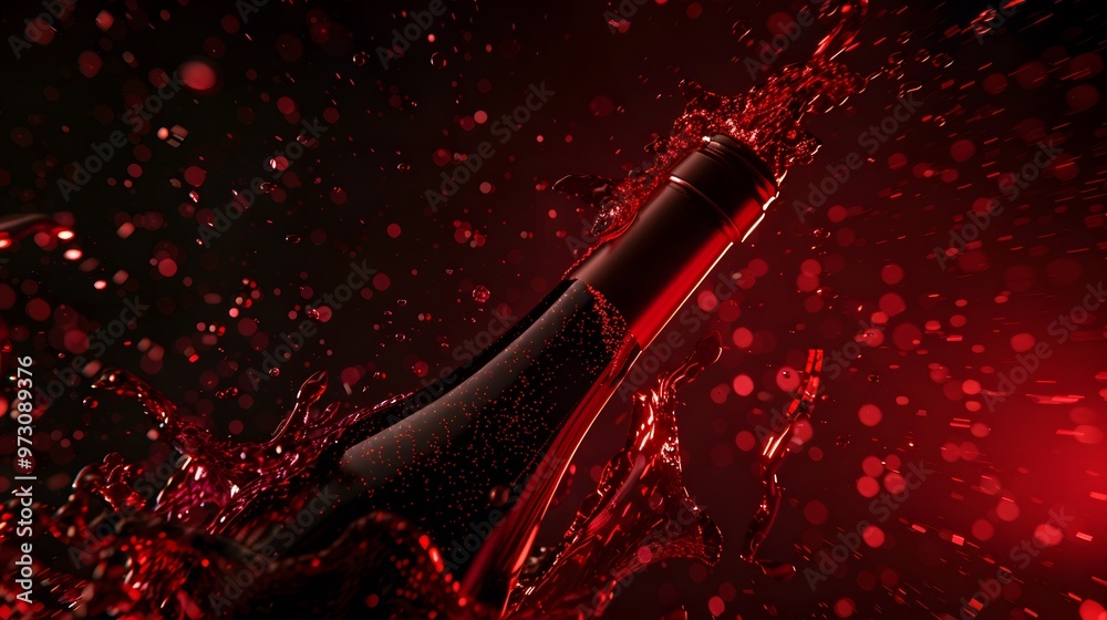 Fototapeta premium Wine Bottle with Red Wine Splash: A wine bottle with a splash of red wine flowing around it. 