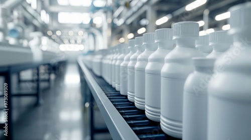 A conveyor belt with many bottles of medicine on it