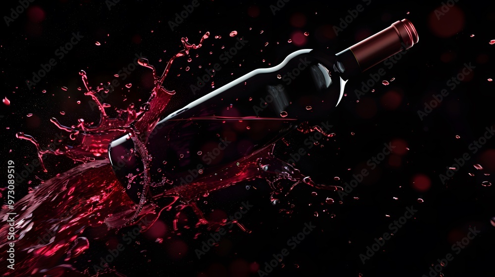 Fototapeta premium Wine Bottle with Red Wine Splash: A wine bottle with a splash of red wine flowing around it. 