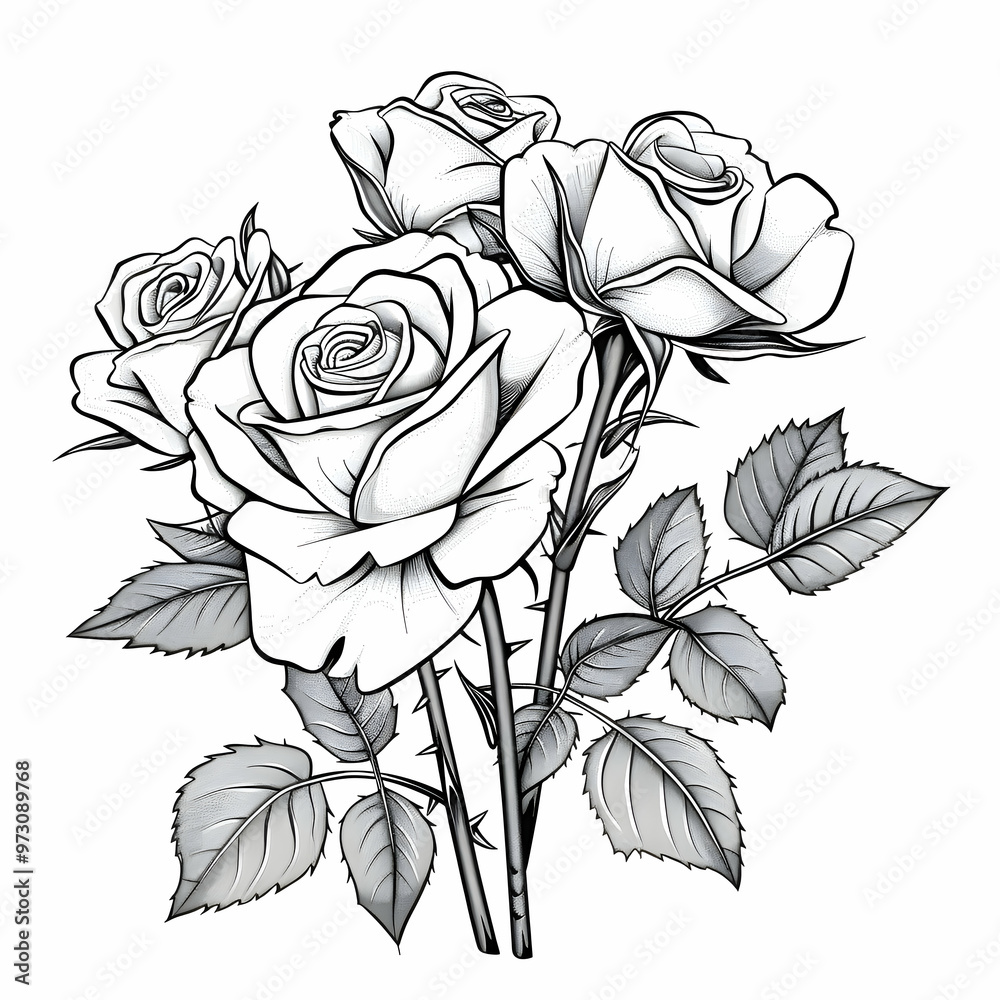 Timeless Elegance: A Delicate Bouquet of Roses in Black and White Line Art Timeless Elegance: A Delicate Bouquet of Roses in Black and White Line Art
