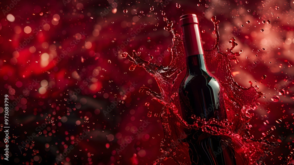 Fototapeta premium Wine Bottle with Red Wine Splash: A wine bottle with a splash of red wine flowing around it. 