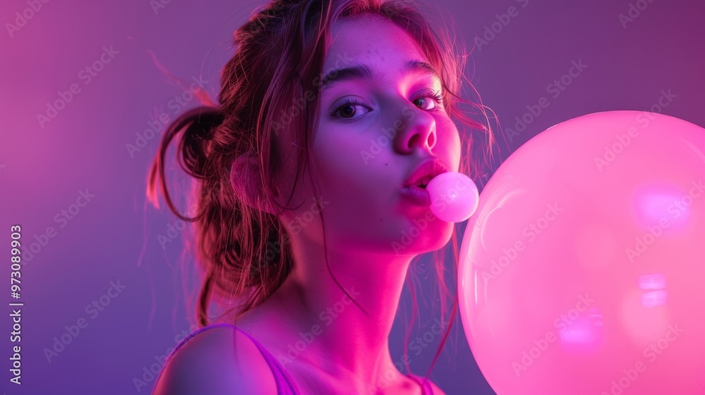 beautiful young woman making a balloon with her gum with neon ambient lights beautiful young woman making a balloon with her gum with neon ambient lights