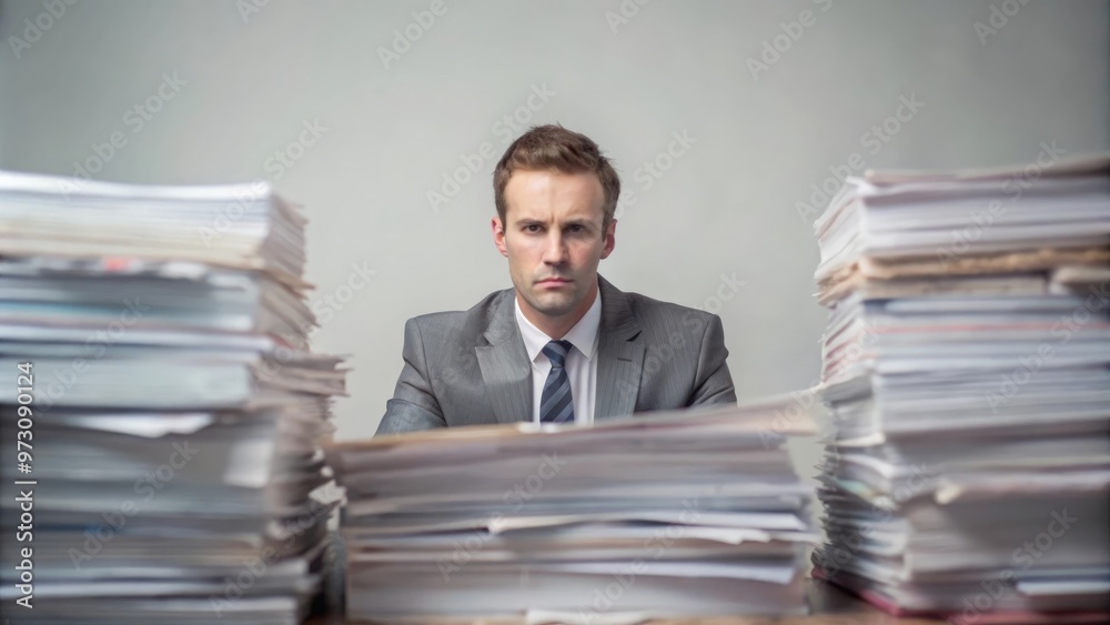Workaholic business man, with many files at office desk Workaholic business man, with many files at office desk