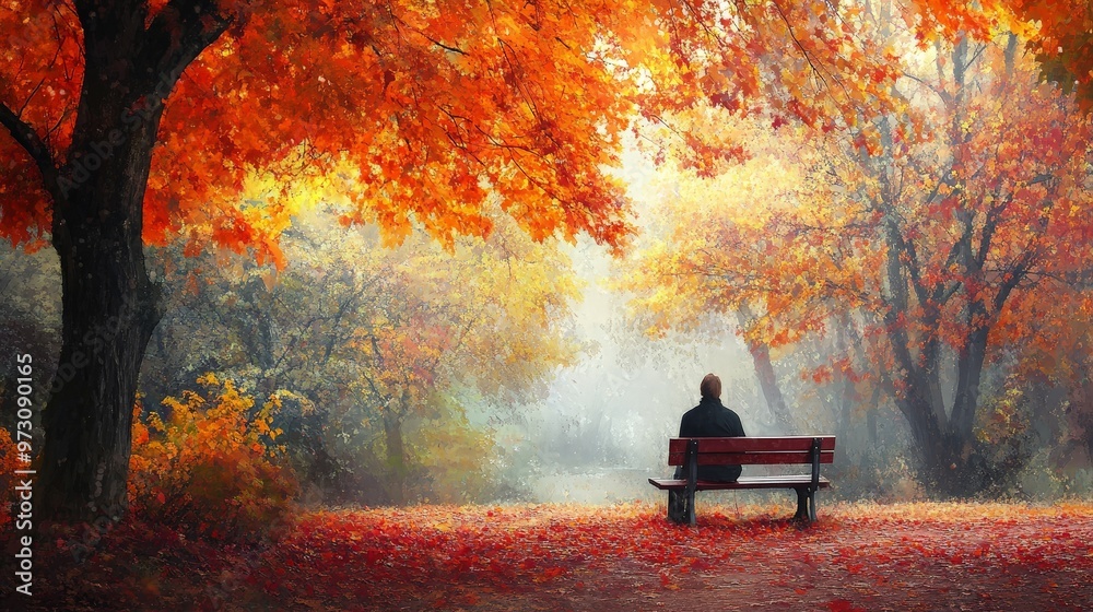 Create an image of a solitary figure sitting on a leaf-strewn bench in a deserted autumn park, Create an image of a solitary figure sitting on a leaf-strewn bench in a deserted autumn park,