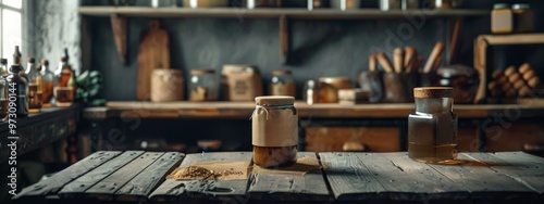 Rustic kitchen interior with jars and bottles on a wooden table