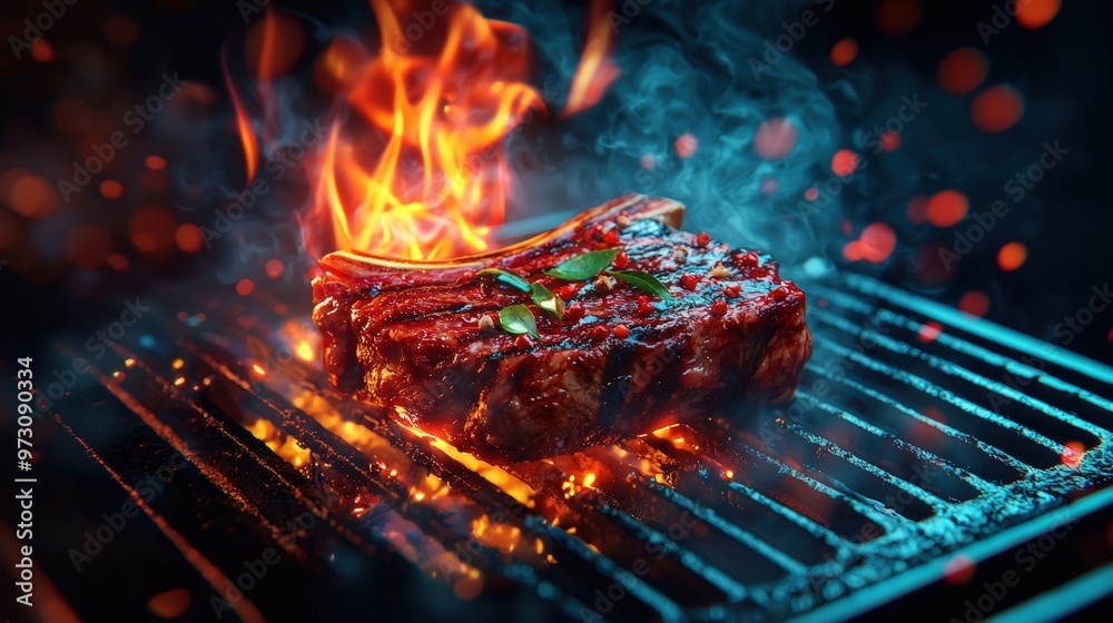 A perfectly grilled steak sizzling over a fire, showcasing rich colors and textures, ideal for food photography. A perfectly grilled steak sizzling over a fire, showcasing rich colors and textures, ideal for food photography.