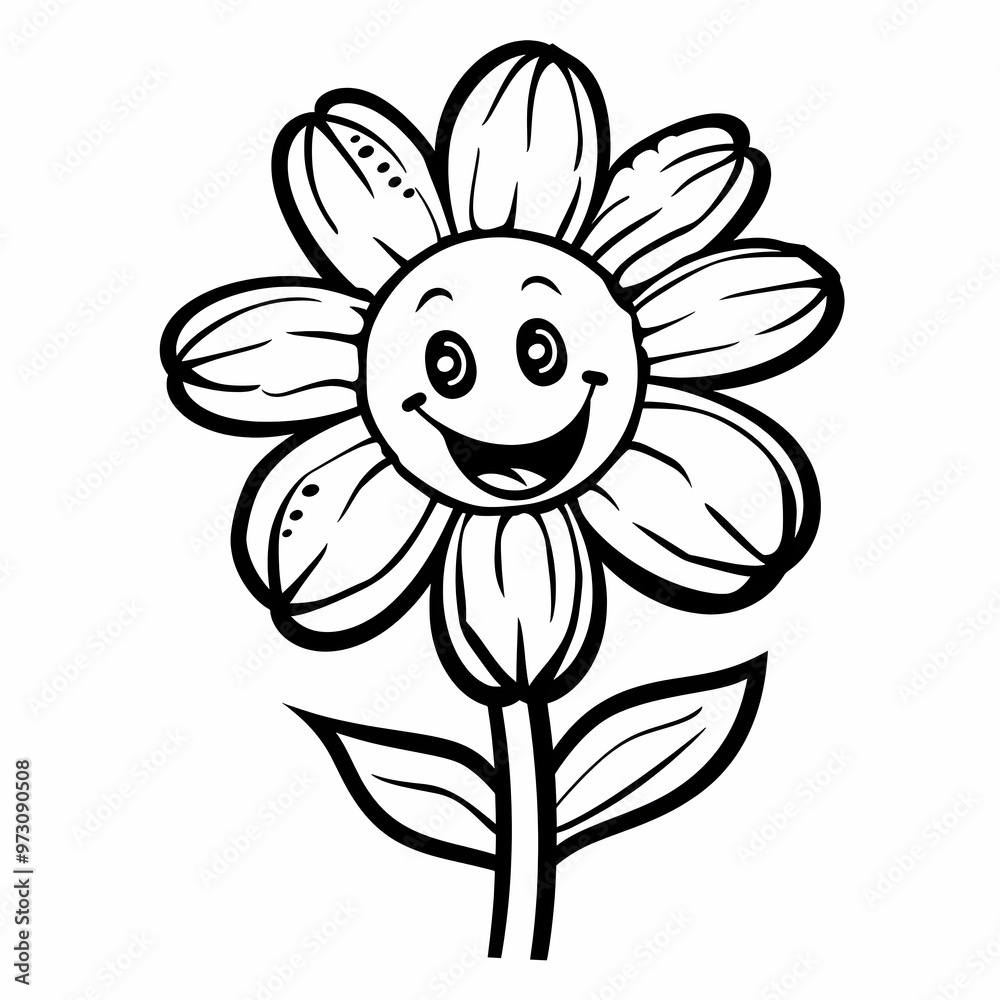 Cheerful Blossom: A Happy Cartoon Flower Line Art Illustration Cheerful Blossom: A Happy Cartoon Flower Line Art Illustration