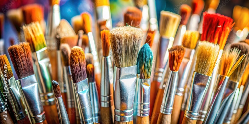 Fototapeta premium Close-up image of artist paintbrushes in a bunch, showing selective focus