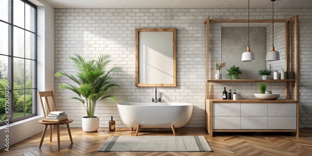 Fototapeta premium Modern Scandinavian bathroom with a frame poster mockup in rendering