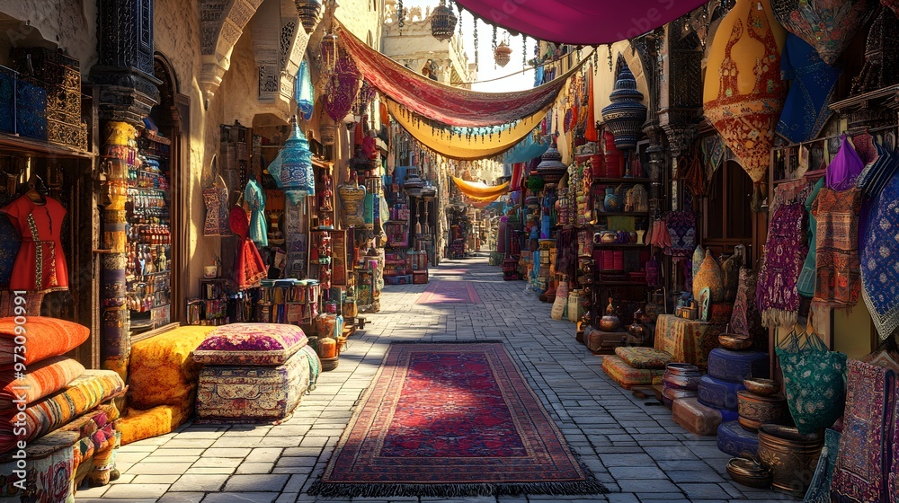 Colorful Souk Alleyway with Vibrant Rugs and Textiles Colorful Souk Alleyway with Vibrant Rugs and Textiles