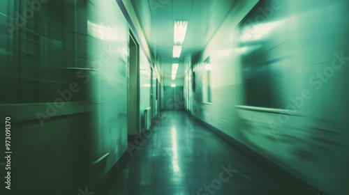 Image of empty corridor with green tint  white walls  shiny floor  multiple doors  green and yellow   illuminated by white lights. Impression of past movement hinted by long exposure effect.