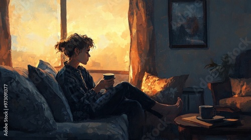 Depict a person sitting in a dimly lit living room with a coffee cup, looking exhausted and barely awake, as the early morning light begins to brighten the room