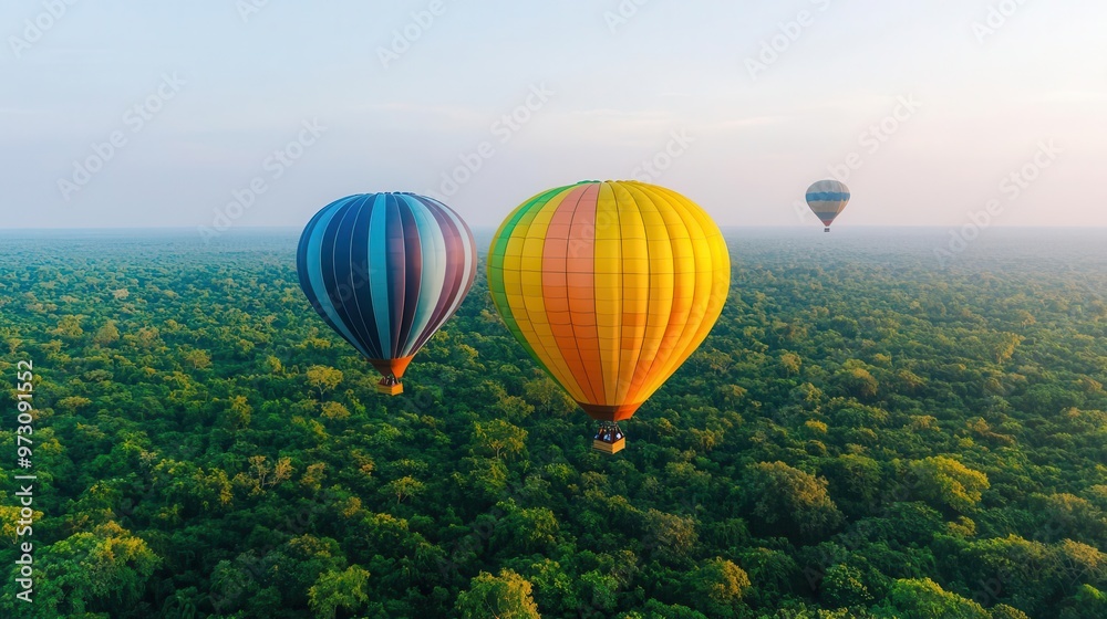 Fototapeta premium Vibrant hot air balloons floating over a dense forest, with the treetops stretching out beneath a clear sky, Natural beauty, soft light, vibrant colors
